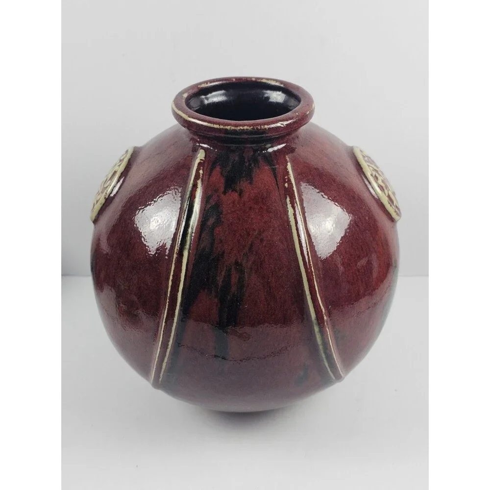 Vintage Oxblood Chinese Medallion Large Round Red Glossy Stoneware Vase